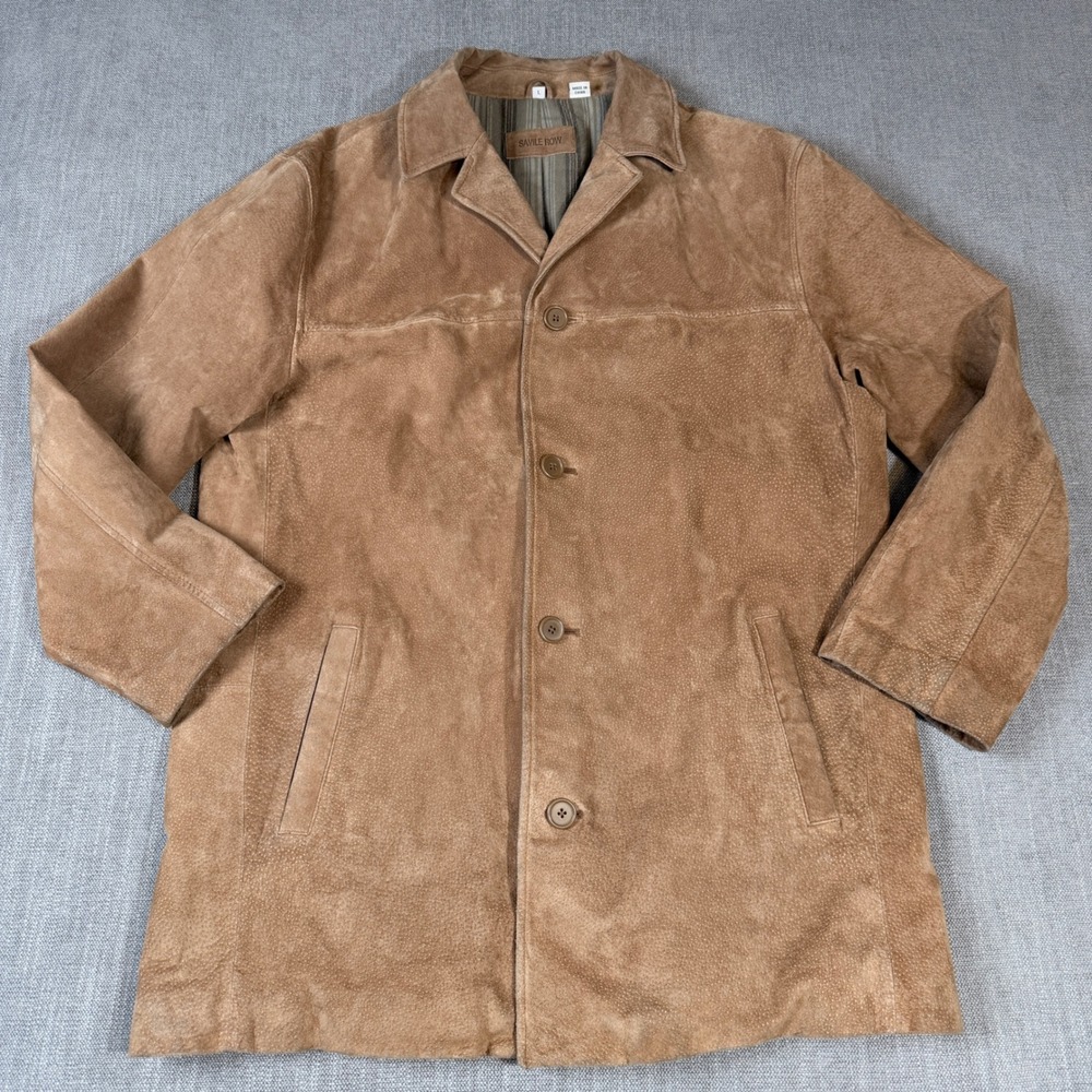Savile Row Mens Tan Brown‎ Genuine Leather Suede Button Front Car Coat Jacket L